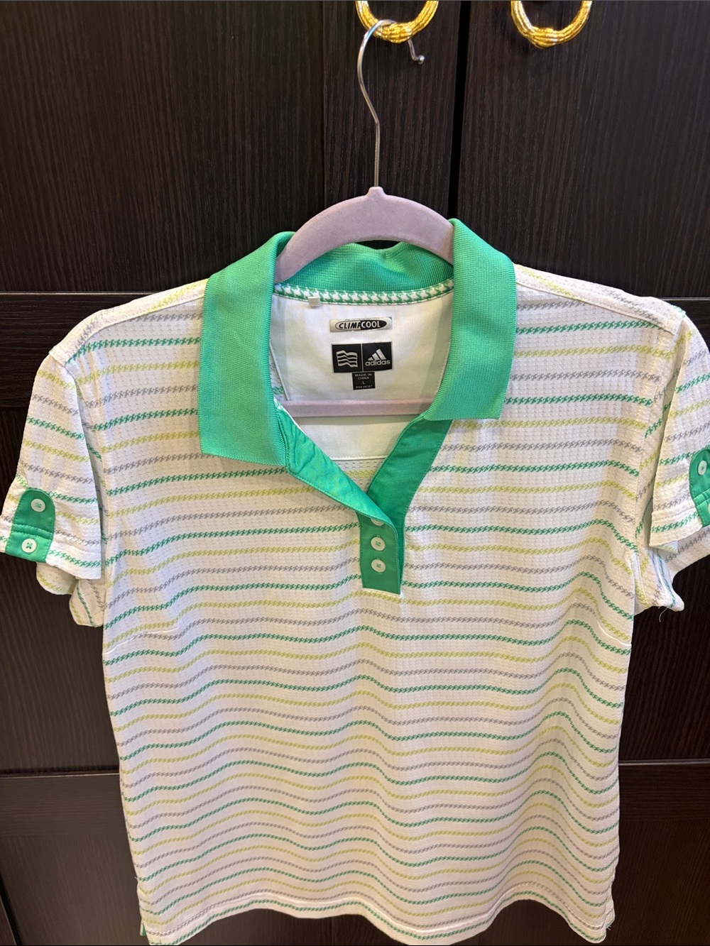 Adidas White Polo Top with Green Collar and Stripes